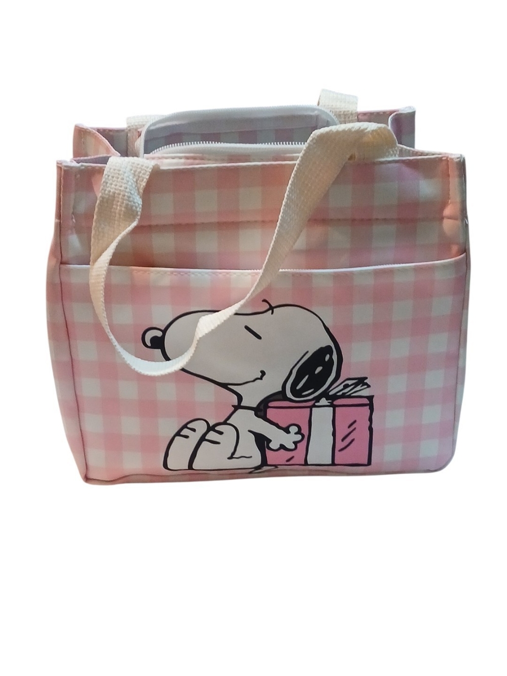 Peanuts -Pink & White Checkered Bag,Snoopy Hiding A Gift,Outside Zipper  Pocket